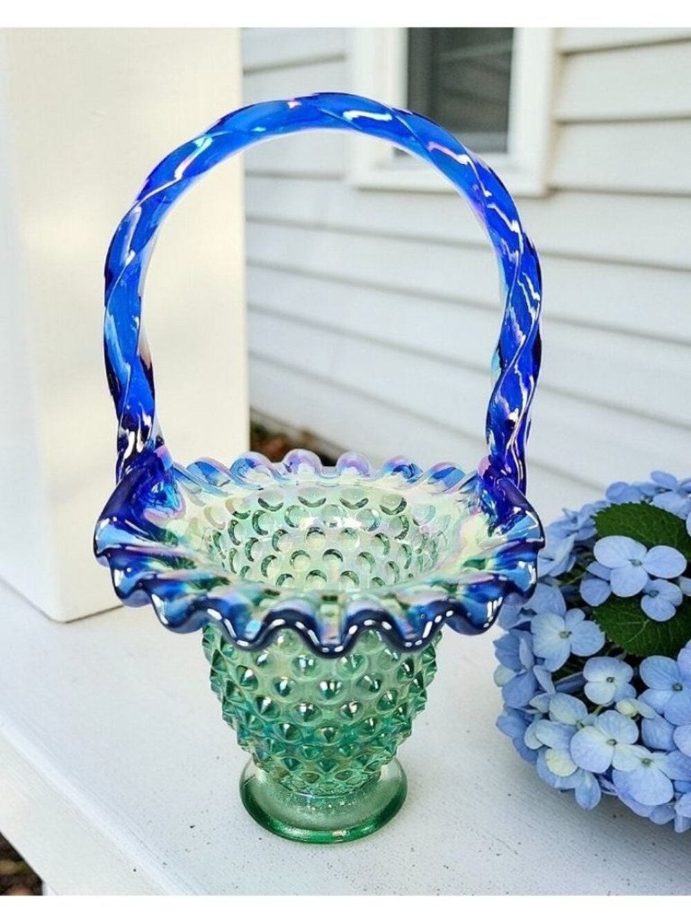 Fenton Glass Seamist and Cobalt Blue Carnival Glass Basket with Hobnail
